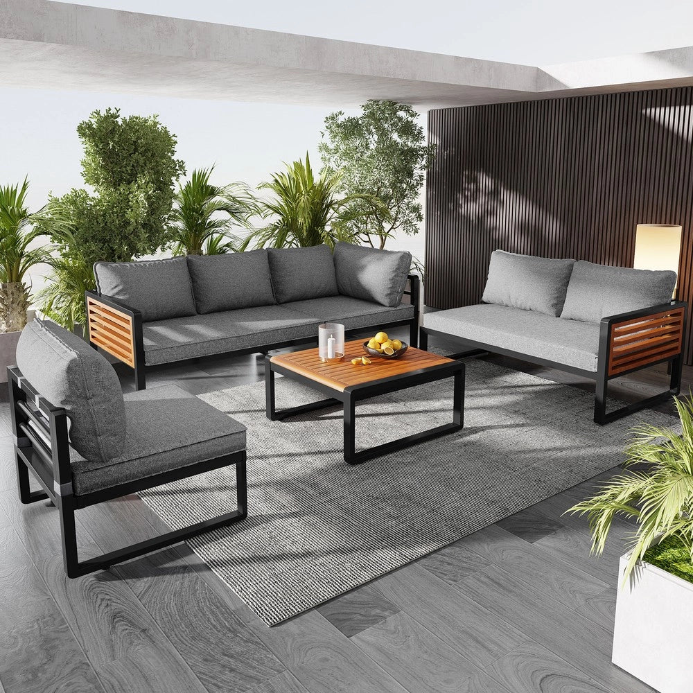 Set da giardino per 5-6 persone - Zephmum - Telaio in ferro zincato, braccioli in legno decorativi