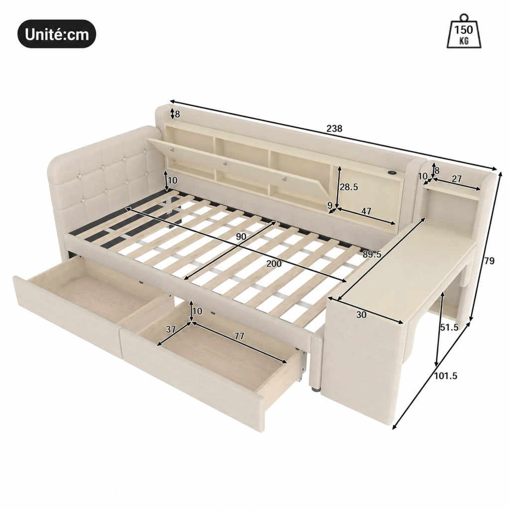 DESMIU Letto banquette 90 × 200 cm 1 posto con 2 cassetti, scrivania, USB e Type-C, senza materasso, beige