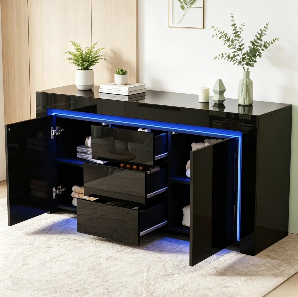 Sideboard moderno nero 140x40x65 cm con LED, 2 ante e 3 cassetti