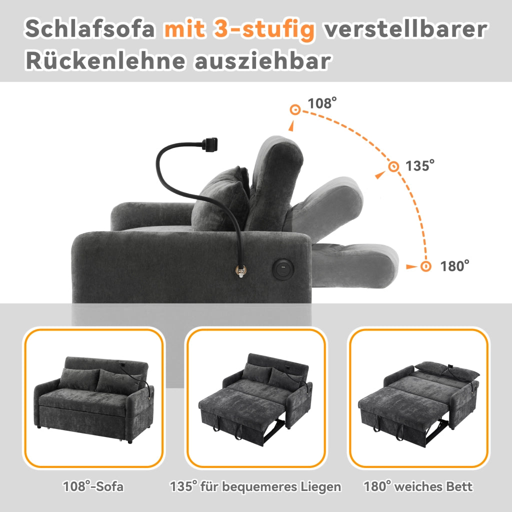 Divano Letto Estraibile 2 Posti con Schienale Regolabile; USB; Supporto Telefono e Tasche Laterali in Ciniglia Grigio