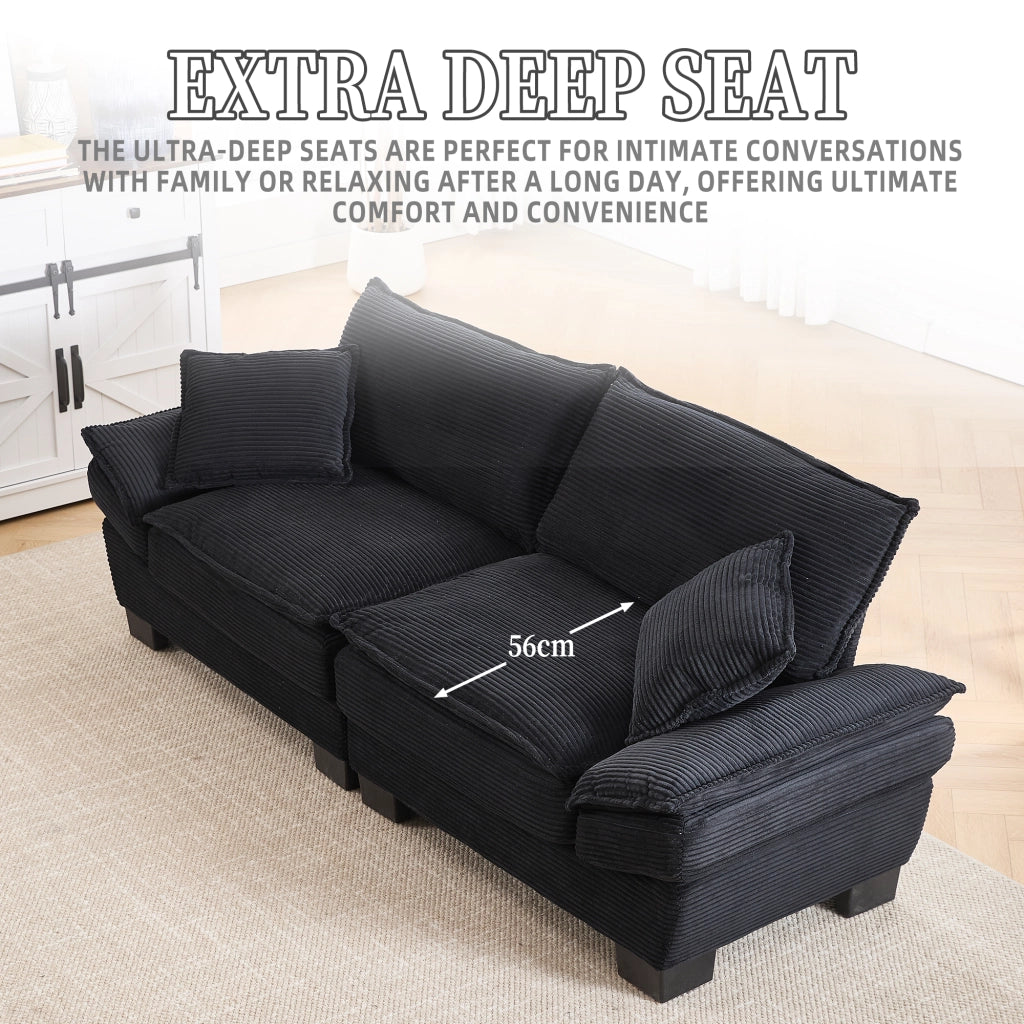 Divano Lineare 2 Posti con Cuscini; Seduta Extra Profonda Comfort; Braccioli Imbottiti; in Velluto Nero