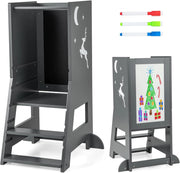 Torre per Bambini 2 in 1, Sgabello da Cucina per Bambini con 3 Penne, Lavagna Bianca e Nera, Piattaforma e Gradino Regolabili, per Bambini da 1 a 7 Anni, Capacità di Carico 70 kg (Grigio)