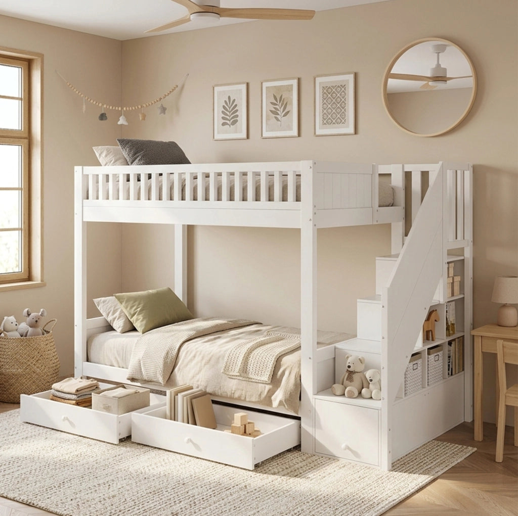 Letto a castello per bambini 90x200 cm con scala contenitore; 2 cassetti e sponde; bianco