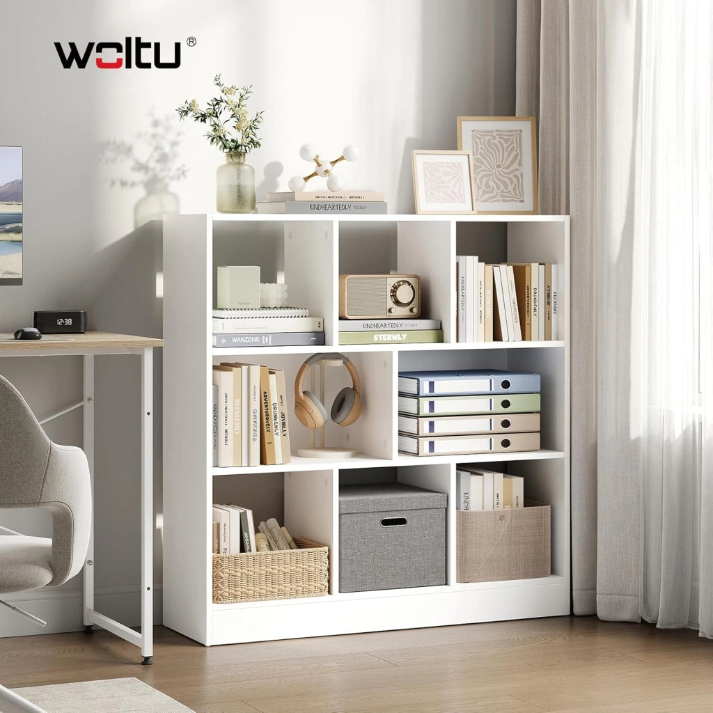 Libreria Scaffale Espositore Bianca con 3 Ripiani Mobiletto in Legno 8 Cubi Aperti Armadio da Esposizione per Soggiorno Ufficio e Cameretta 98X30X100cm SK021cm