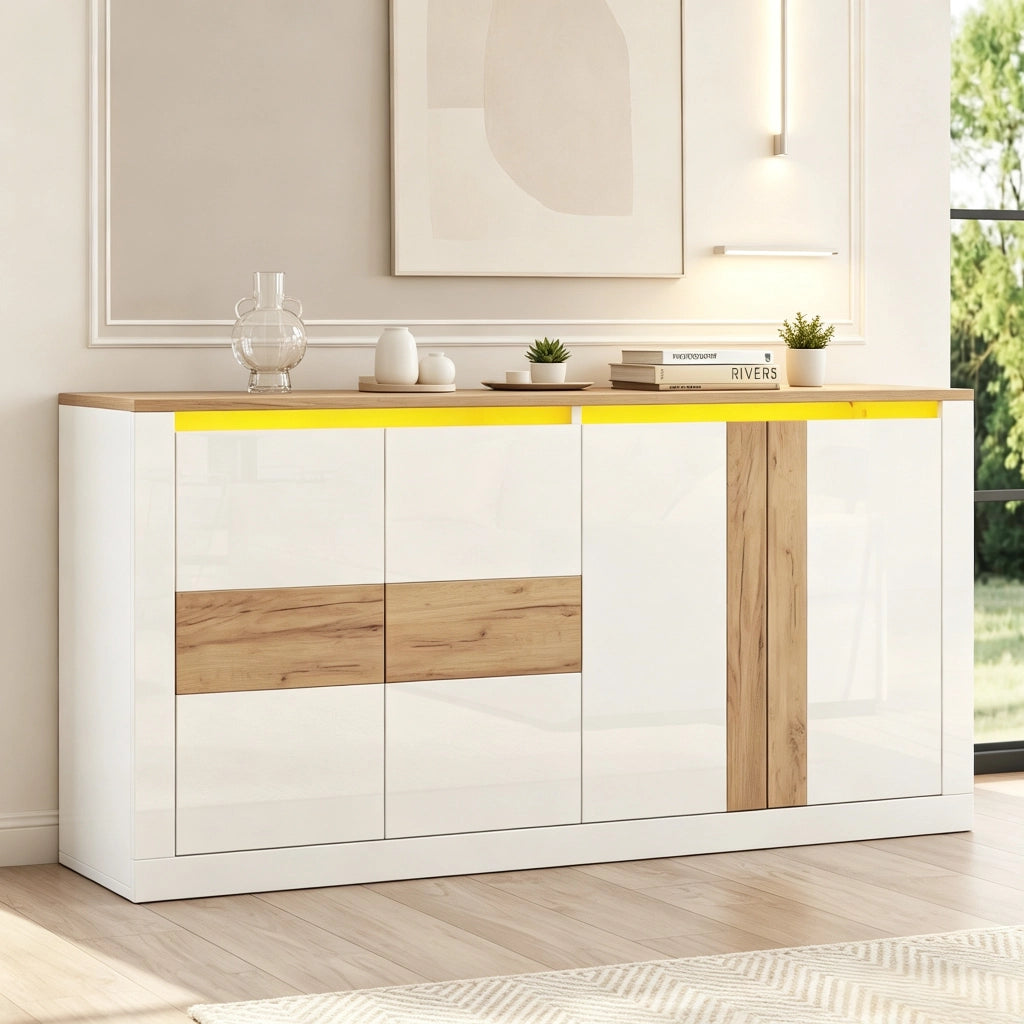 Credenza e madia con 4 ante, ripiani regolabili e LED RGB, per soggiorno e ingresso, in MDF, bianco, 140 × 35 × 70 cm