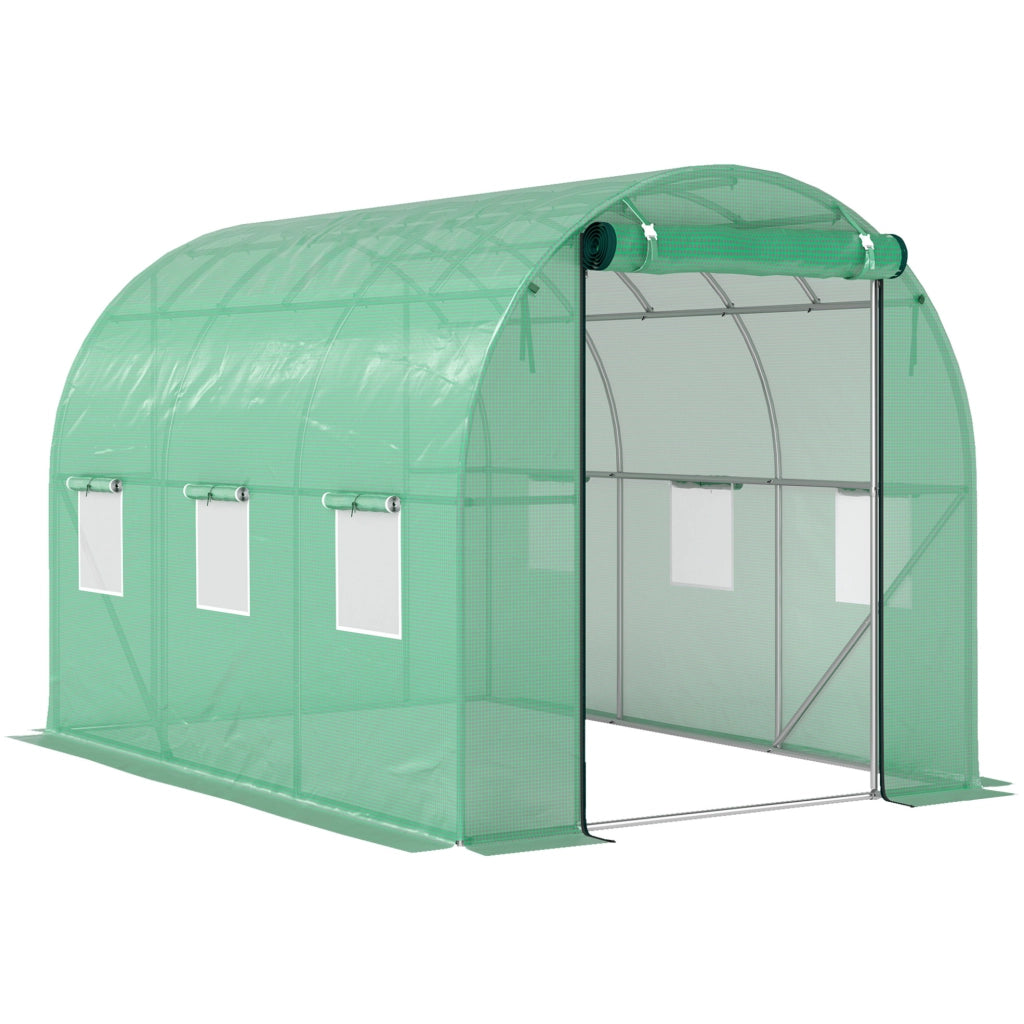 Serra a tunnel in plastica verde con porte e finestre avvolgibili