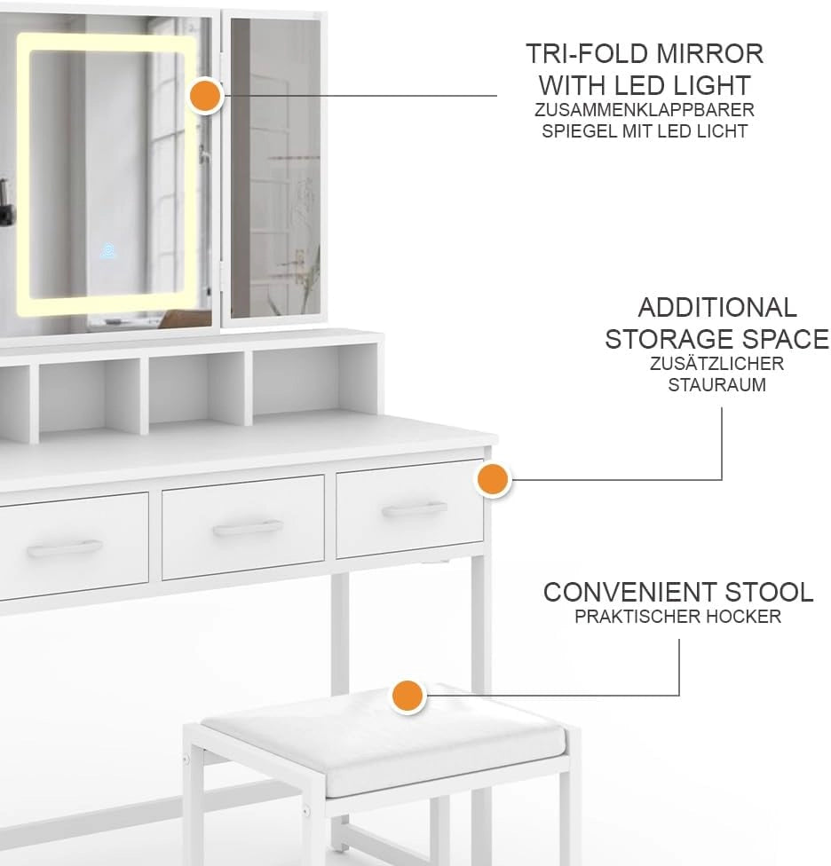 Vicco Tavolo da toilette Mavida, Bianco, 90 cm con specchio LED e sgabello