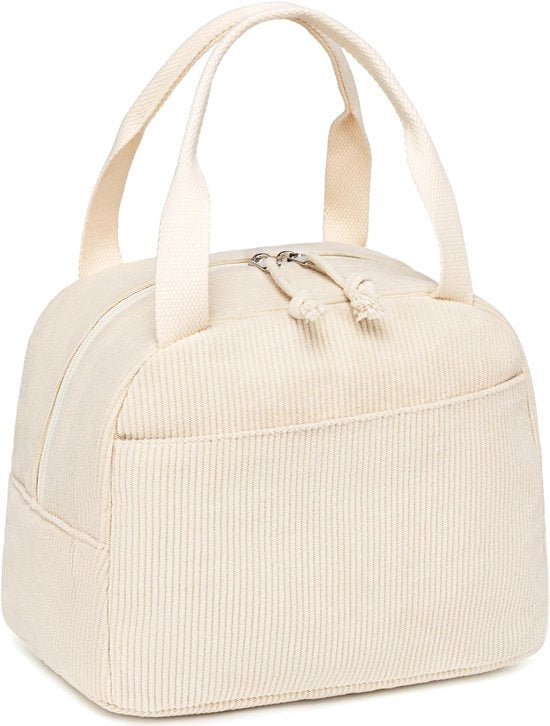 Lunchbox geisolata per donne, borsa da pranzo riutilizzabile, borsa da pranzo in corduroy, borse a mano, contenitore termico impermeabile per pranzo, valigetta da pranzo con grande capacità (corduroy beige)