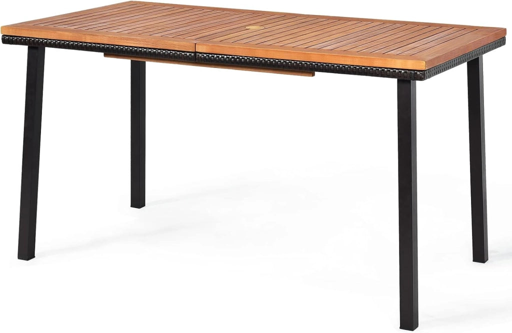 Tavolo da Esterno in Legno di Acacia, Tavolo Rettangolare con Struttura in Acciaio, Foro per Ombrellone 5 cm, Tavolo Pranzo Giardino per Giardino Cortile Balcone, Portata 75 kg (107 x 107 cm)