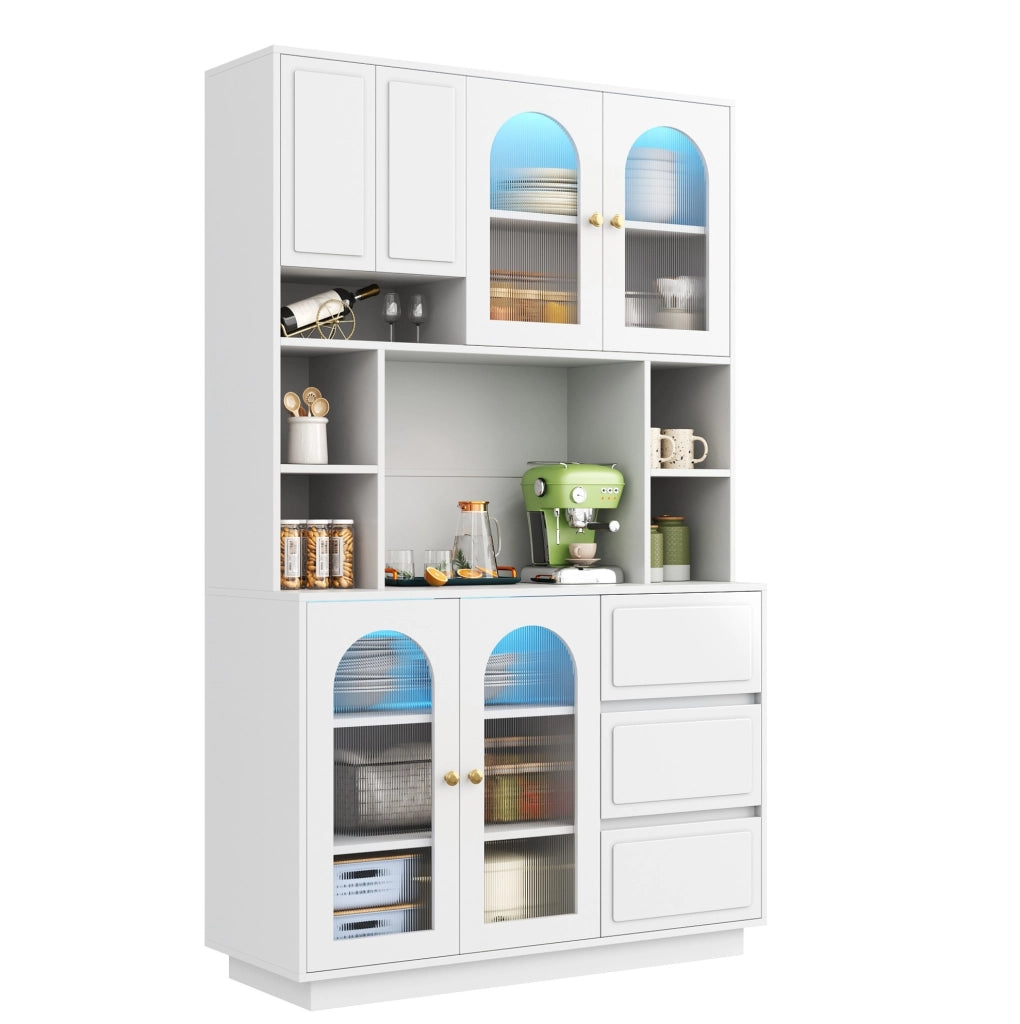Credenza alta bianca con LED APP, ante acriliche e 3 cassetti