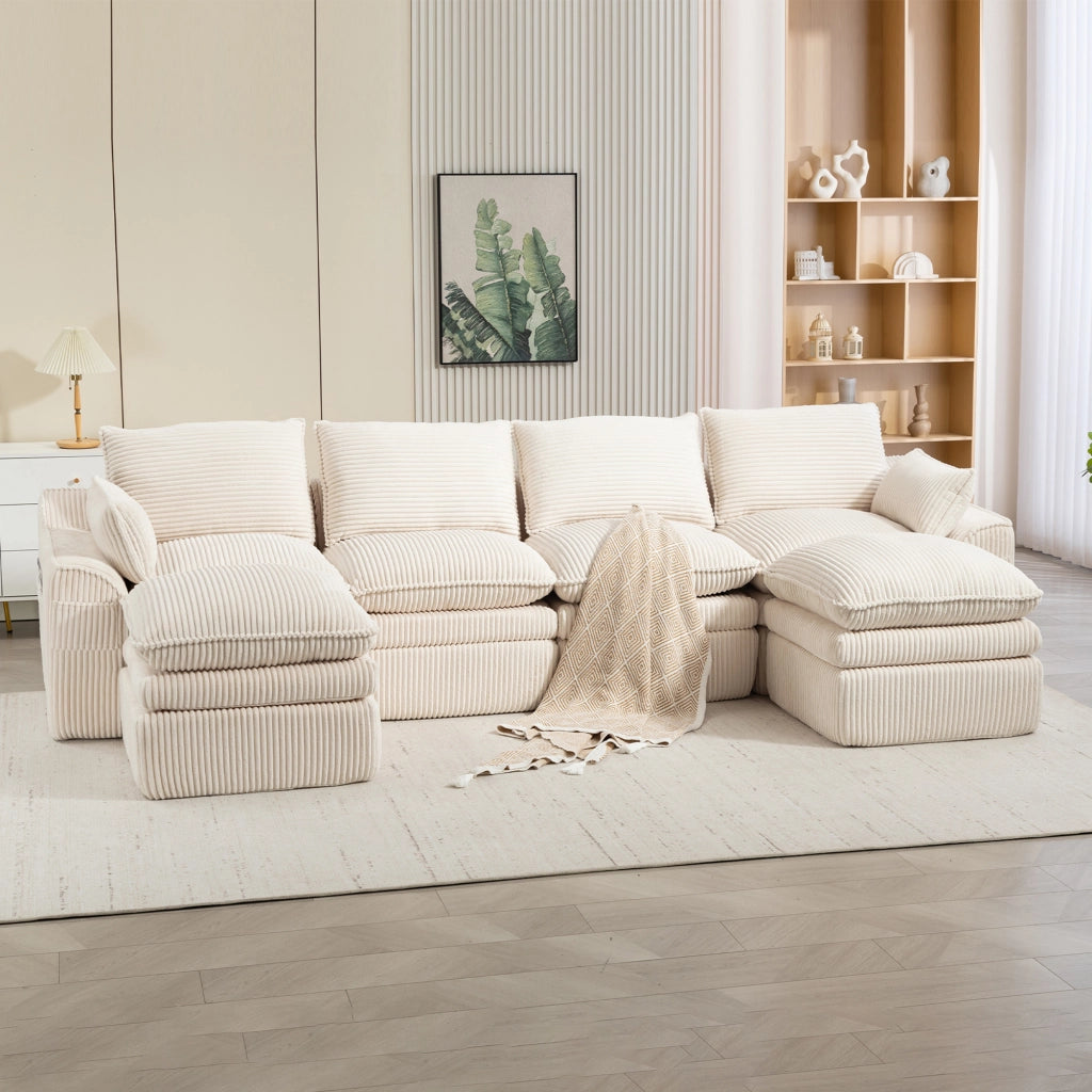 DIVANO MODULARE 4 POSTI 335x167x85 cm Corduroy Beige con 2 Pouf