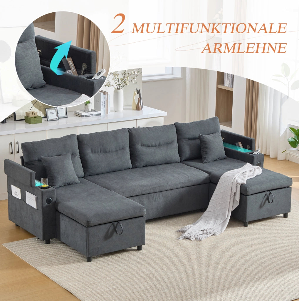 Divano 4 posti con doppia chaise longue; contenitori; portabicchieri e USB Type-C 272x136x86 cm; grigio scuro