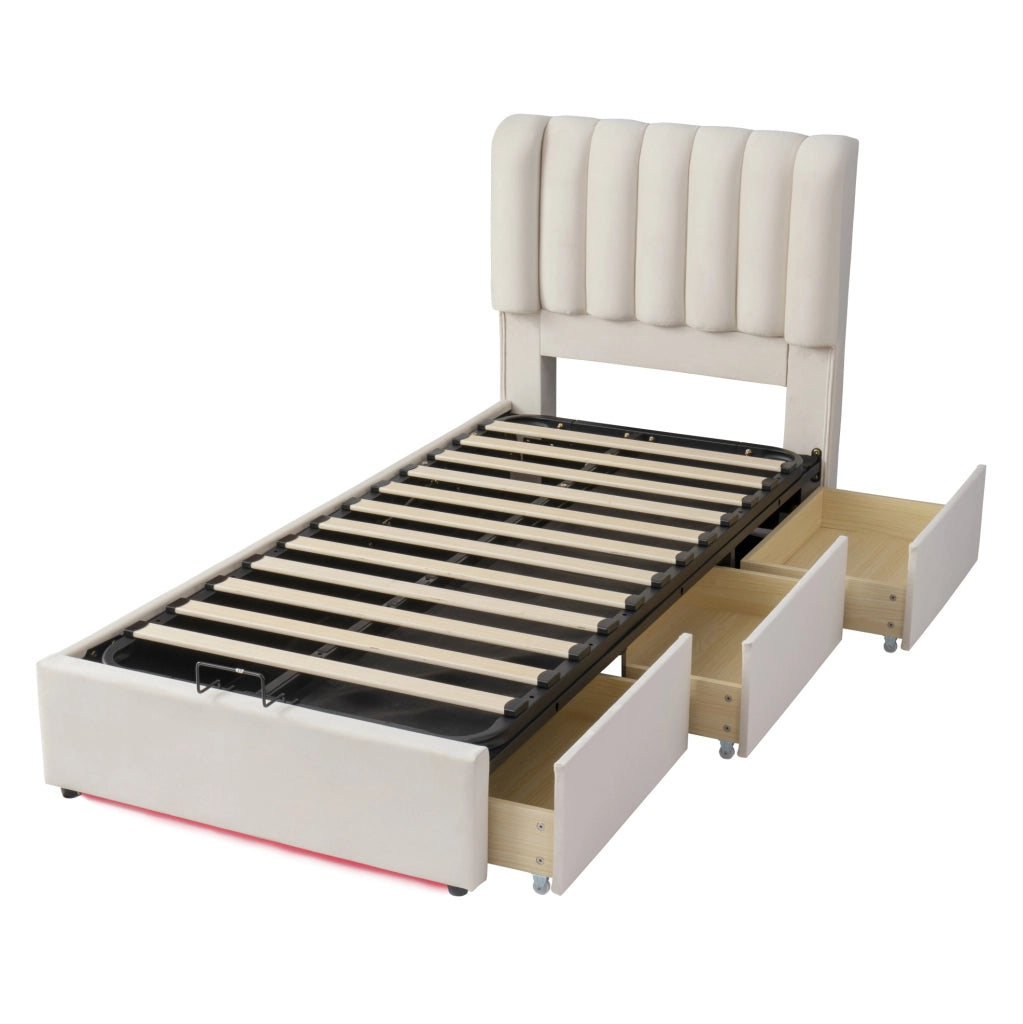 Letto contenitore 90x200 cm con cassetti e LED in velluto beige