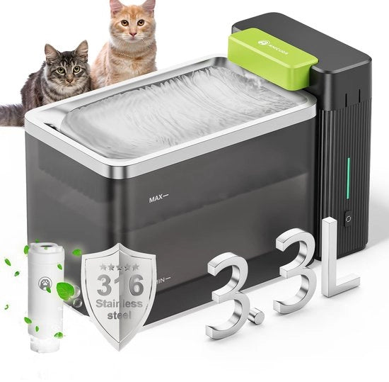 Fonte per cani A3 Lite con ultrafiltrazione - 3,3 litri di capacità, serbatoio in acciaio inossidabile SUS316, silenzioso (≤25 dB), 100% impermeabile e efficiente in termini di energia per l'acqua potabile pulita (nero)