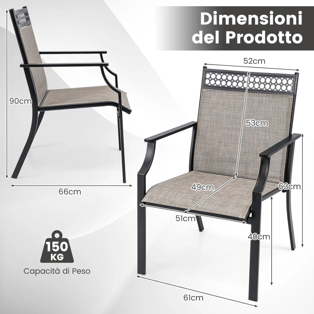 Set di 2 Sedie da Giardino in Textilene, Sedie da Esterno con Schienale Alto, Braccioli, Robusto Telaio in Metallo, Fino a 150 kg, per Patio Terrazza Balcone (Caffè + Nero)