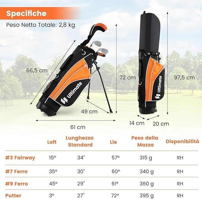 Set Completo di Mazze da Golf per Bambini, Inculude Fairway 3, Ferri 7 e 9, Putter, Copritesta, Borsa Portatile e Cappuccio Antipioggia, Set da Golf per Destrimano(Per 8-10 Anni)