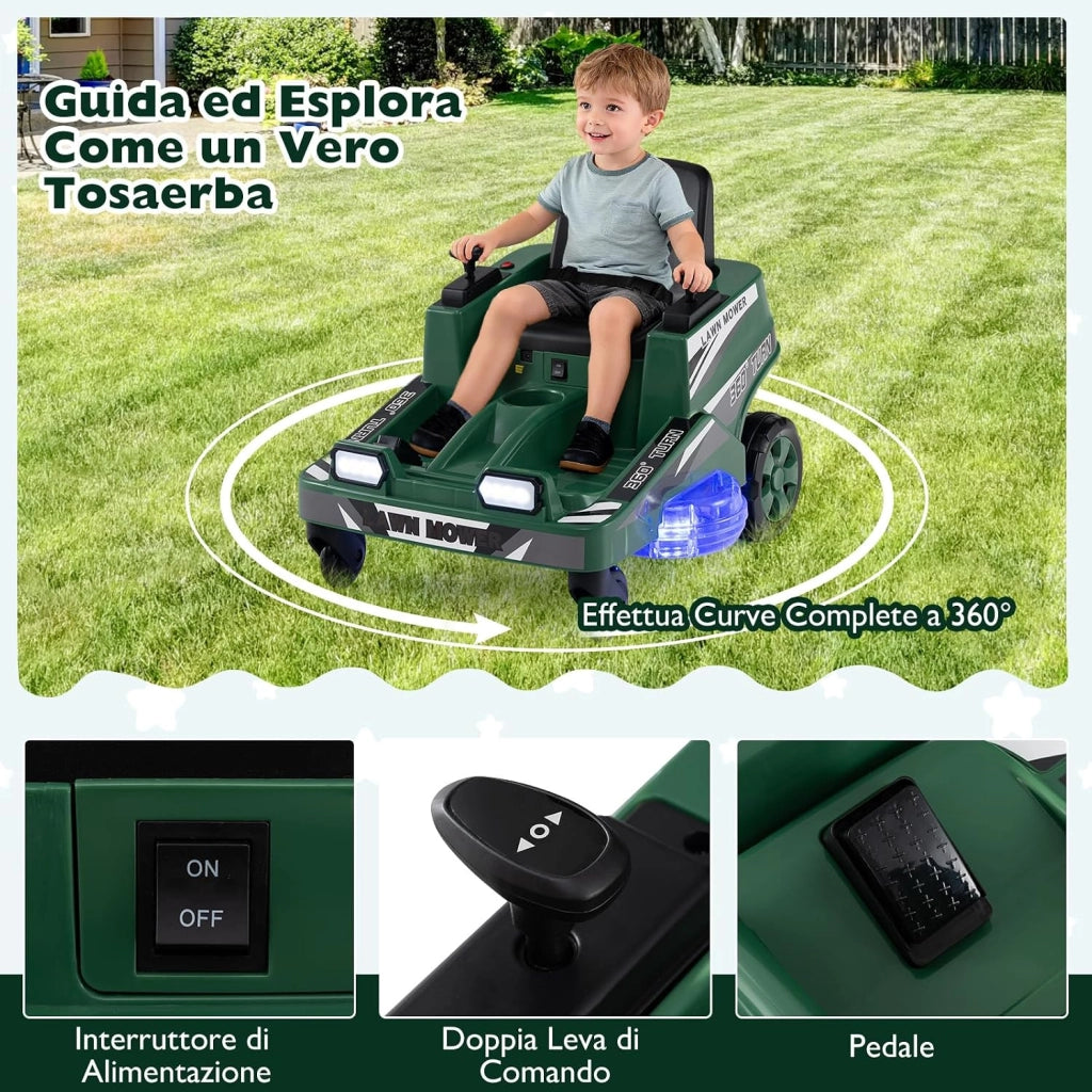 12V Macchina Elettrica per Bambini, Auto Elettrica con 2 Leve di Controllo, Luci LED, Simulazione di Taglio dell'Erba e Sterzate a 360°, Tosaerba Giocattolo per Bambini 3-8 Anni (Verde)