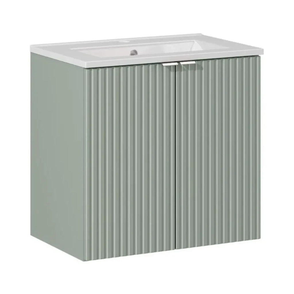 Set da bagno ELVINA 60cm: mobile sottolavabo con armadietti verde salvia grigio + lavabo incassato bianco