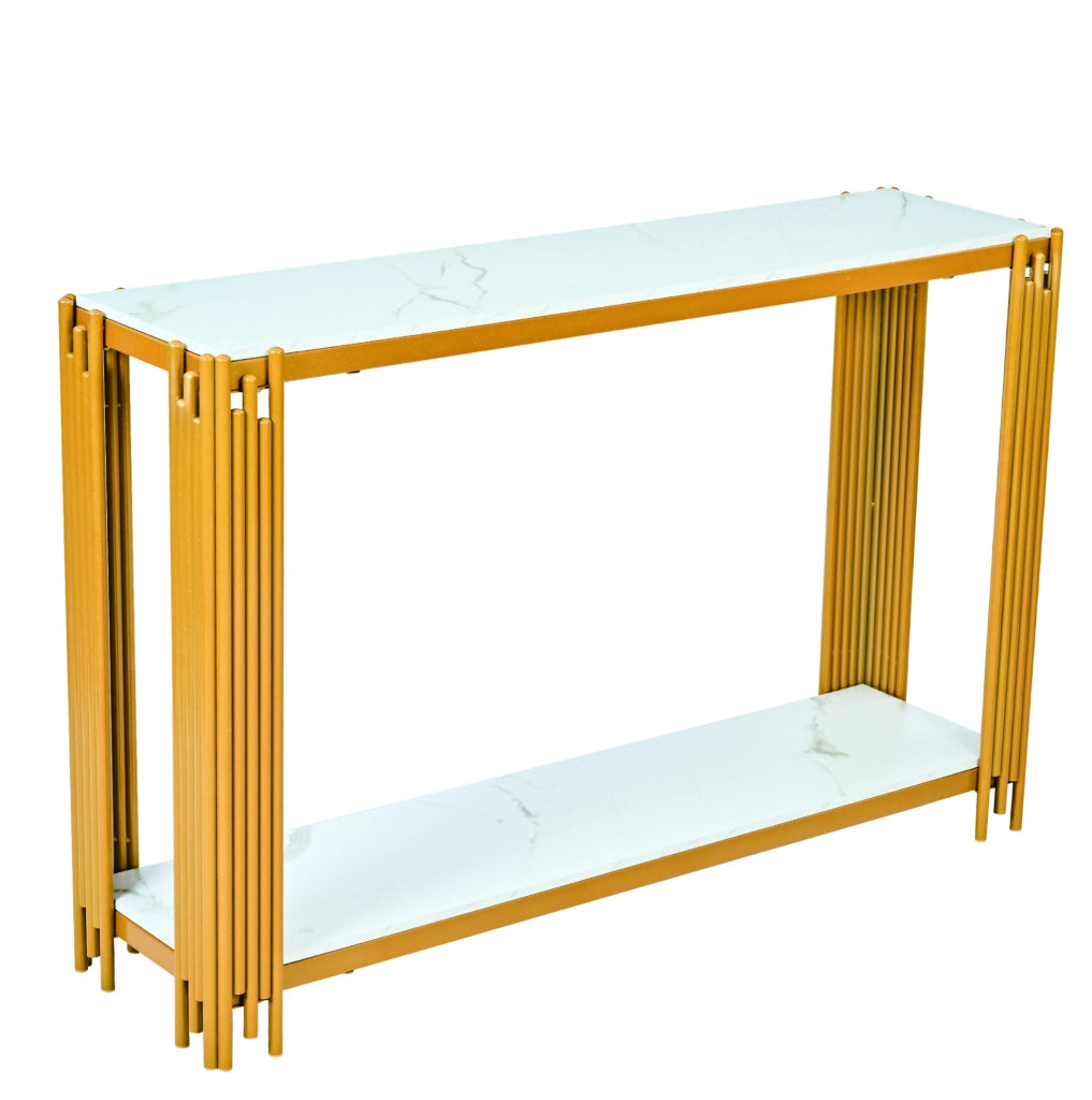Tavolo consolle a 2 ripiani in MDF effetto marmo bianco e oro