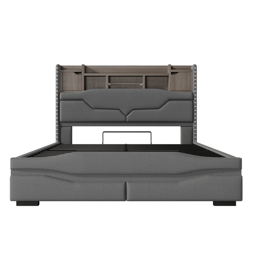Letto matrimoniale 140x200 cm in lino grigio con contenitore idraulico; LED e prese USB/Type-C