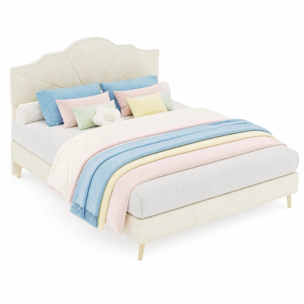 Letto 140x200 cm con testiera geometrica in tessuto beige