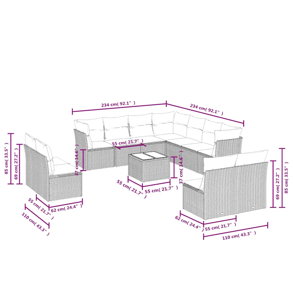 Set Divani da Giardino 12 pz con Cuscini Marrone in Polyrattan