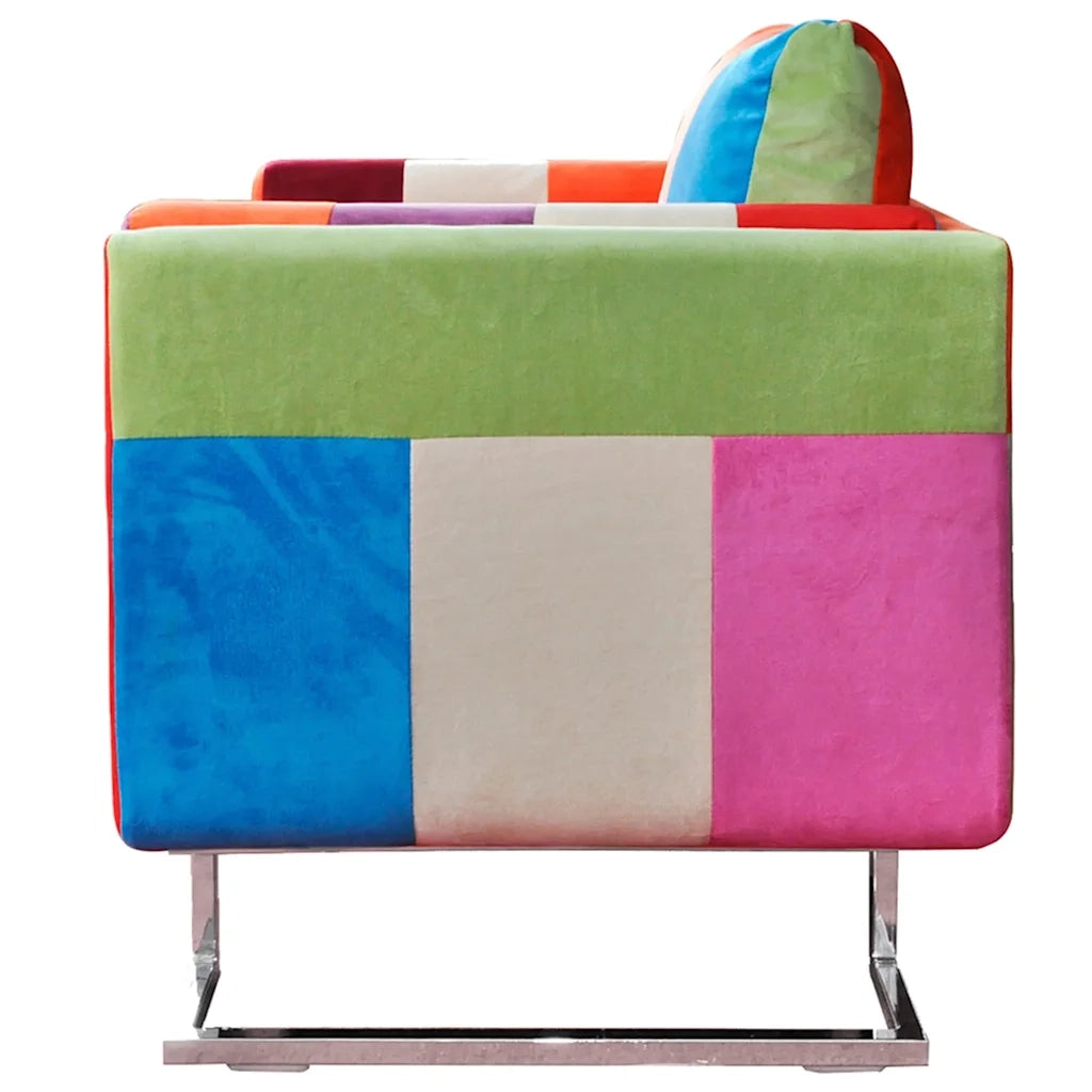 Poltrona a Cubo con Gambe Cromo e Design Patchwork in Tessuto