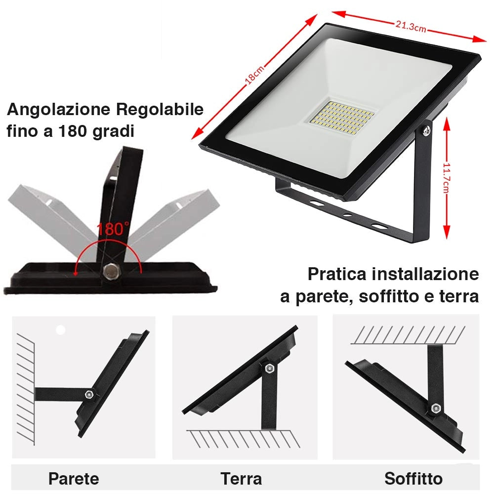 Set 2 Fari Led 50W Luce Alta Luminosita 5000lm Bianco Faro Faretti Esterno Slim