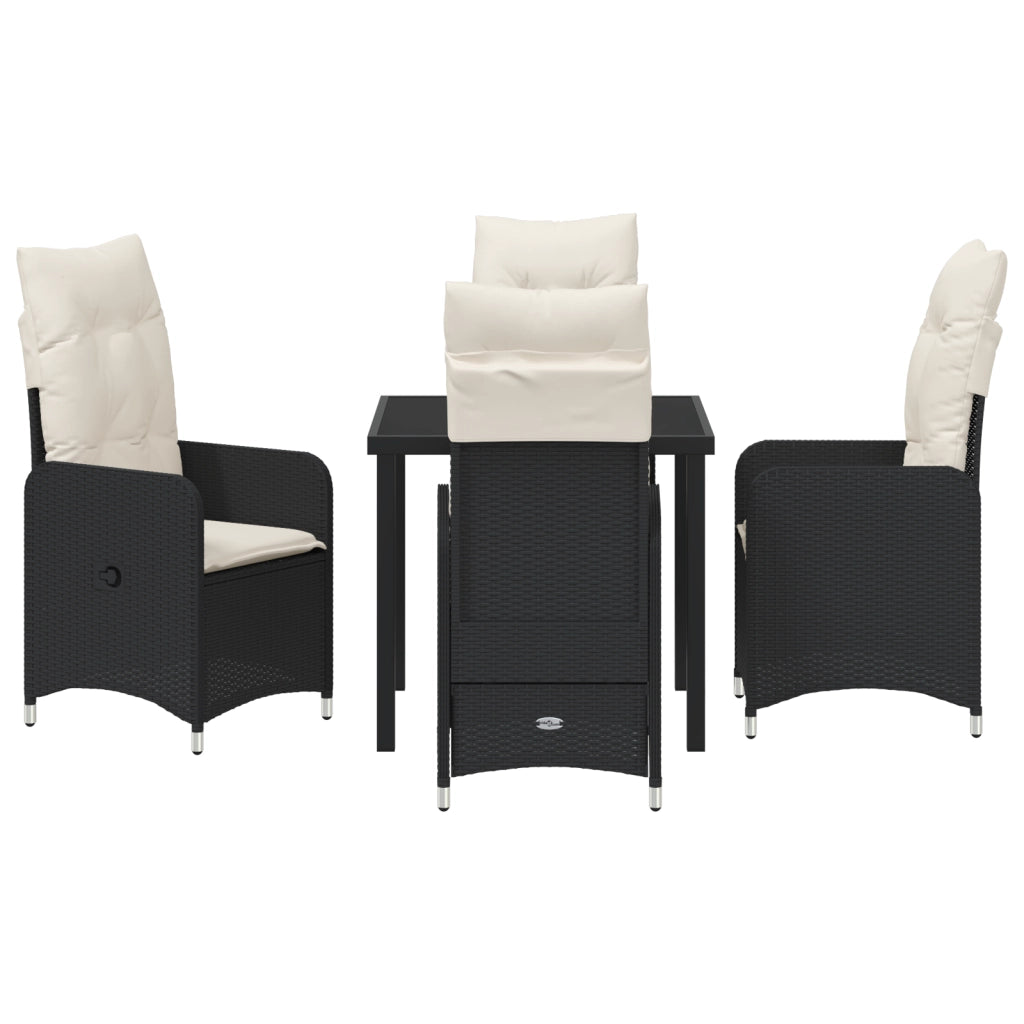 Set da pranzo da giardino 5 pezzi con cuscini neri in polyrattan