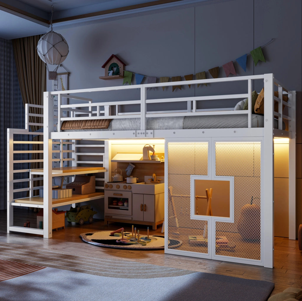 LETTO A SOPPALCO 90x200 cm in metallo bianco con scala e LED