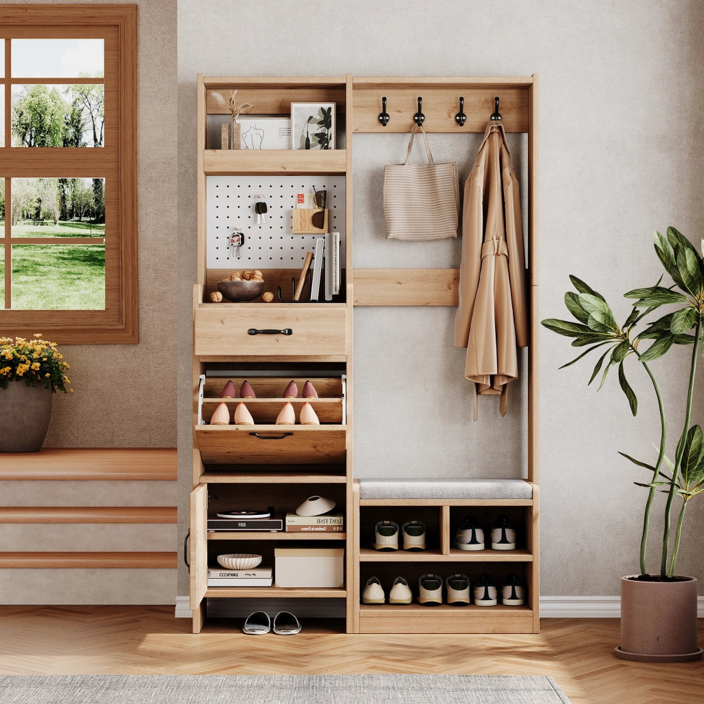 Mobile guardaroba multifunzione da ingresso con panca, 4 ganci, cassetto e 2 ante, Natural/White, 108,5 x 35 x 180 cm