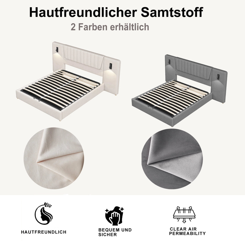 Letto imbottito 180 x 200 cm grigio con luci orientabili e vano contenitore