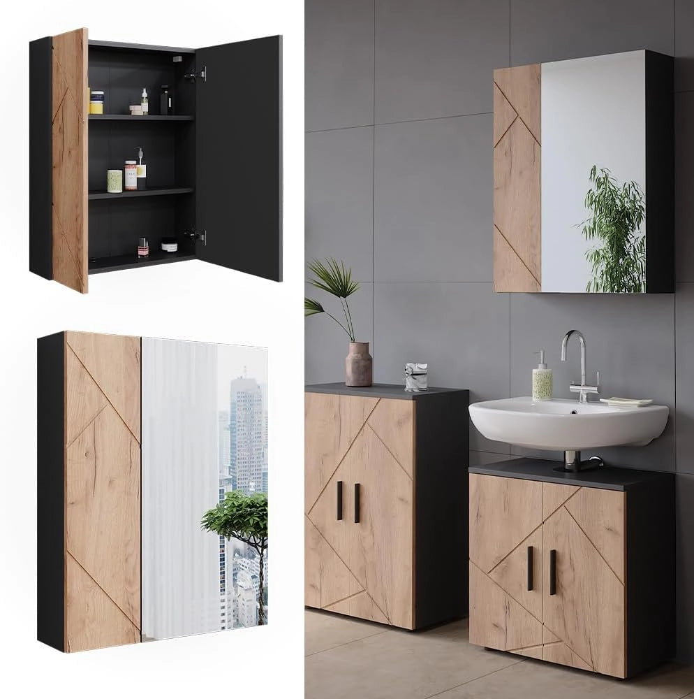 Mobile a specchio per bagno Irma, Antracite/quercia dorata, 60 x 75 cm, per montaggio a parete con superficie a specchio integrata
