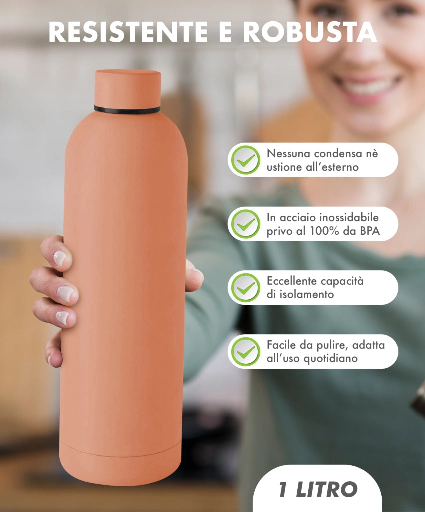 Borraccia Termica 1 Litro Bottiglia Acciaio Inox Inossidabile Doppio Strato 1000 Ml Tappo Antigoccia Doppia Camera Bevande Calde Fredde Termos Sistema Sottovuoto Rivestimento Soft Touch  - Pesca