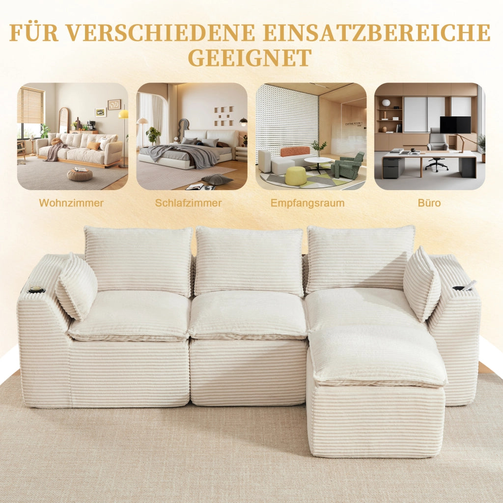Divano modulare 3 posti con cuscini e tasche laterali in corduroy beige per salotto e ricevimento 256 × 161 × 75 cm