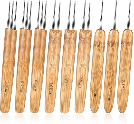 Set di ago per dreadlock ergonomico - 9 pezzi - acciaio inossidabile/bambù - 0,5/0,75/1 mm - 13,4 cm di lunghezza - attrezzi DIY per braid craft - strumento per dreadlock