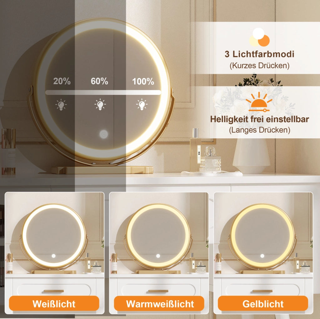 Toeletta LED con specchio; 1 cassetto e 2 ante; 100x42x112 cm; bianco e oro