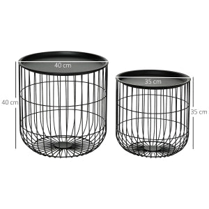 Set 2 tavolini da caffè rotondi impilabili in acciaio nero con vano contenitore, stile scandinavo