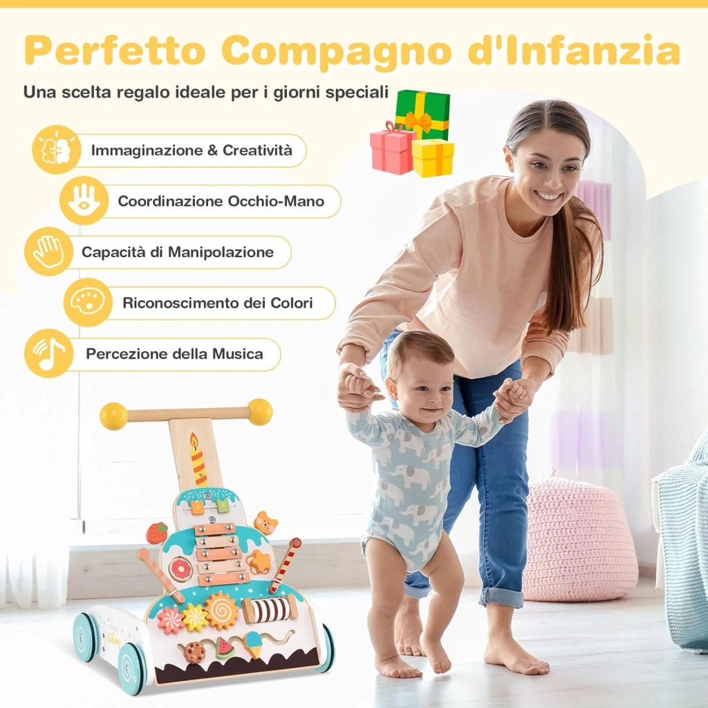 Girello in Legno per Bmabini, Passeggino Regolabile in Altezza con Centro Attività, Carello Primi Passi con Xilofono, Blocchi Scorrevoli e Perline Mobili, per Bambini 1+ Anni