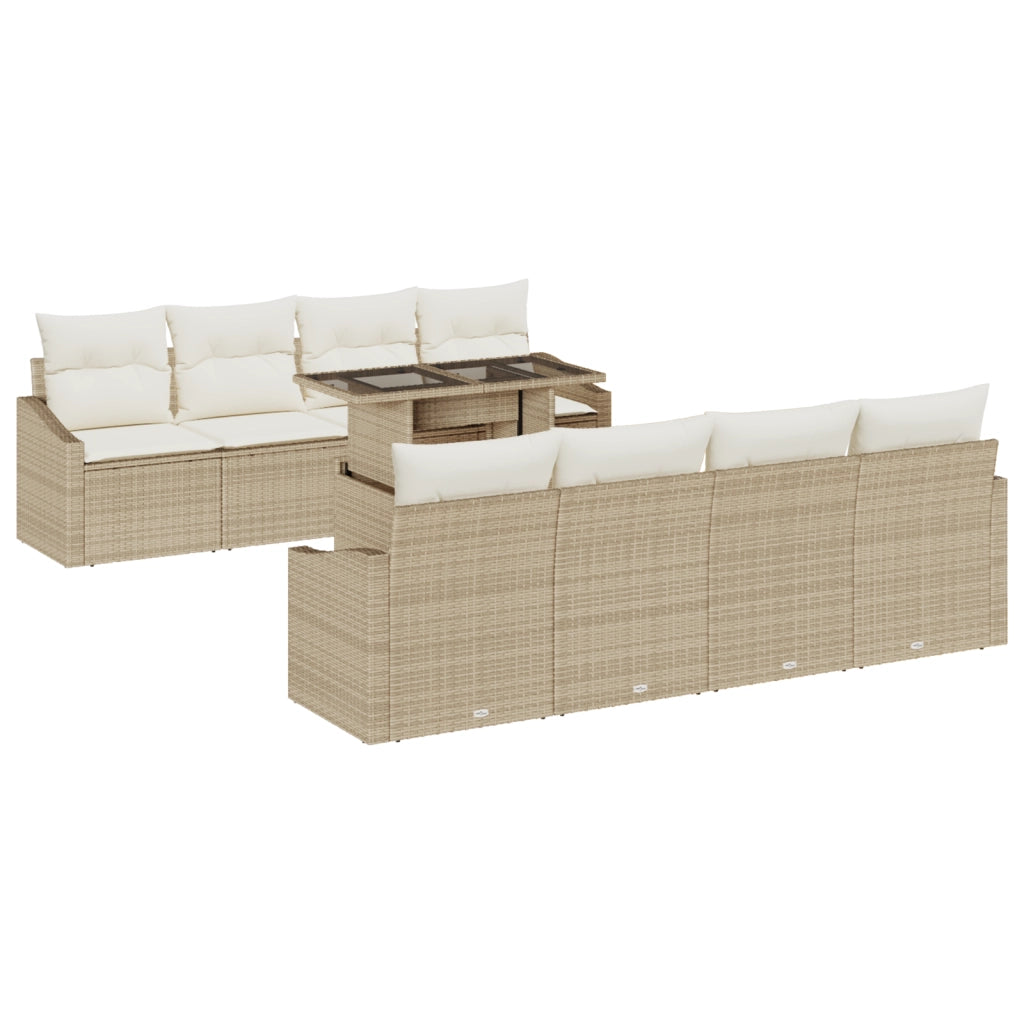 Set di Divani da Giardino 9 Pezzi con Cuscini Beige Polyrattan