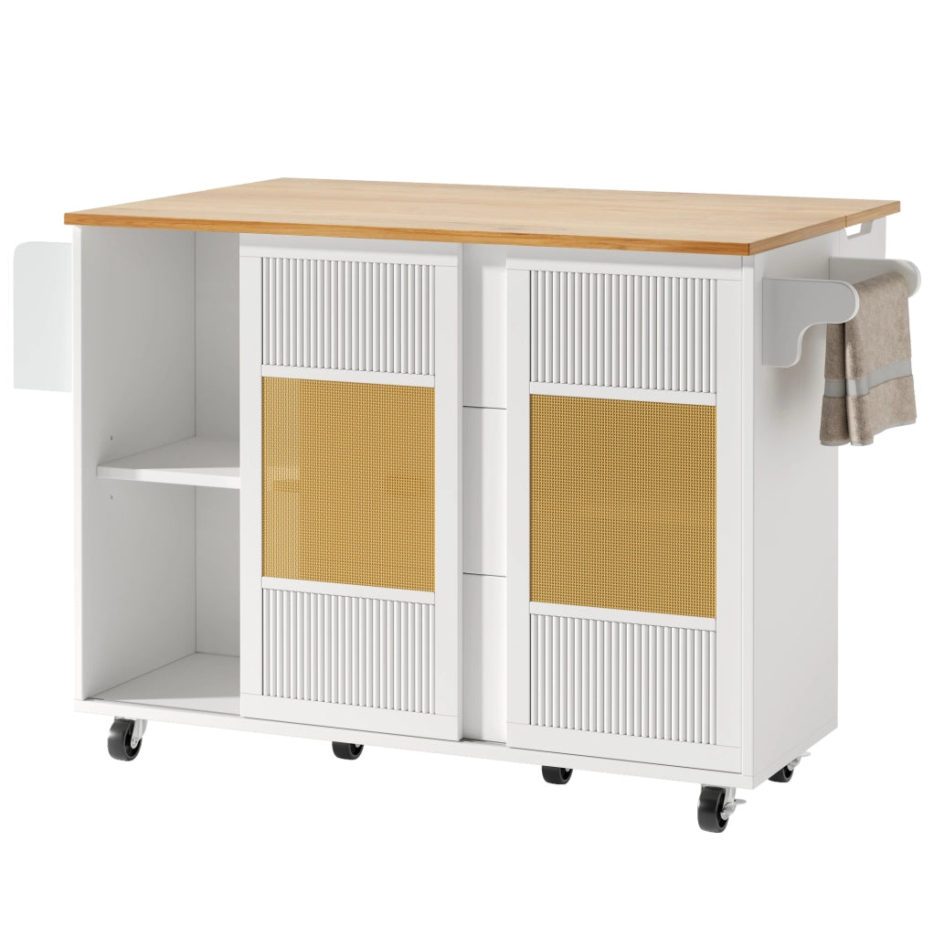 Isola da cucina mobile con piano ribaltabile, 146,85x70x90 cm, bianca, MDF e metallo
