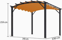 Pergola Foresta gazebo in alluminio ad arco con telo retrattile colore ruggine, dimensioni 340x330x240H