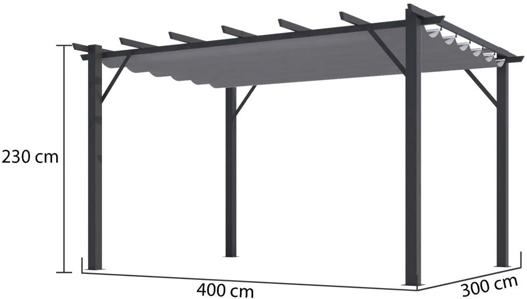 Pergola Foresta gazebo in alluminio con telo retrattile colore grigio, 140gr, dimensioni 400x300x230H
