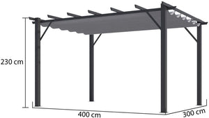 Pergola Foresta gazebo in alluminio con telo retrattile colore grigio, 140gr, dimensioni 400x300x230H