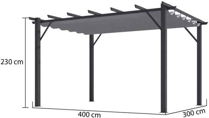 Pergola Foresta gazebo in alluminio con telo retrattile colore grigio, 140gr, dimensioni 400x300x230H