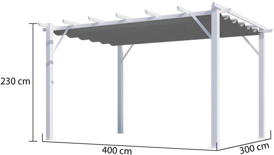 Pergola Foresta gazebo in alluminio colore bianco con telo retrattile grigio 140g/mq, dimensioni 400x300x230H