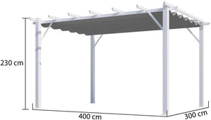 Pergola Foresta gazebo in alluminio colore bianco con telo retrattile grigio 140g/mq, dimensioni 400x300x230H