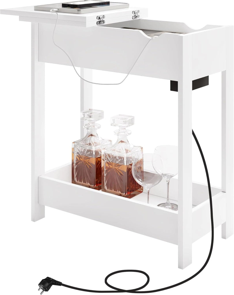 Tavolino da Salotto con Stazione di Ricarica, Tavolino a 3 Ripiani, Piano Pieghevole, 2 Porte USB e 2 Prese a 2 Fori, per Camera da Letto, Soggiorno, Cucina, Bianco