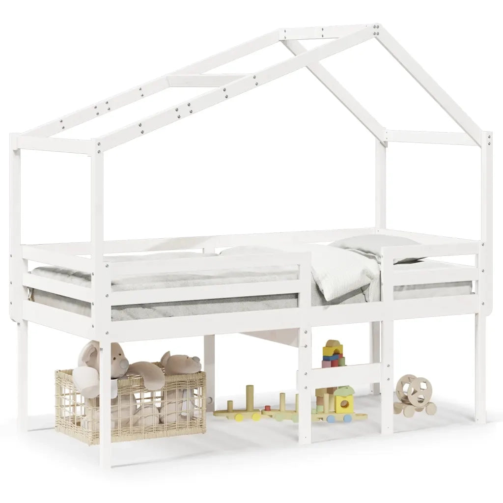 Letto a Soppalco con Tetto Bianco 80x200 cm in Legno di Pino