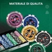 Set Poker per 9-10 Giocatori con 500 Fiches, 2 Mazzi di Carte e 5 Dadi, in Alluminio e Poliestere